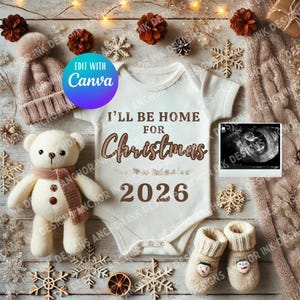 de faire-part de grossesse de Noël | Toile modifiable | Je serai à la maison pour le bébé de Noël | Téléchargement numérique