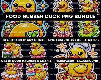 Food Rubber Duck PNG Bundle | 10 Cute Kawaii Foodie Ducks | PNG Graphics for Stickers, Cabin Door Magnets & Crafts | Transparent Background