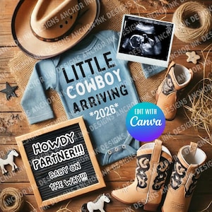 de faire-part de grossesse petit cow-boy | Toile modifiable | Déguisement bébé country western | Téléchargement numérique