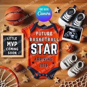 Plantilla de anuncio de embarazo de baloncesto / Canva editable / Revelación de bebé de futuro MVP / Descarga digital