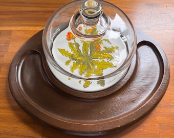 Dandelion Floral  Vintage GoodWood Teak Cheese Board w/ Glass Dome