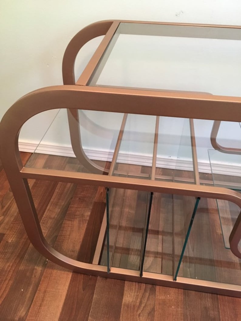 Metal and Glass Rose Gold CUSTOM PAINT Entertainment Stand Console Milo Baughman Media Etagere Rose Gold Metal Unit Media Center