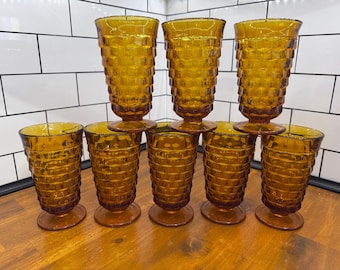Vintage Amber Honeycomb Footed Tumblers Set of 8 | Mid Century Retro Brown Cube Glasses | 1970s Barware Drinking Glass Set