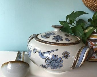 Vintage Ken Edwards Pottery Tureen with Ladle: El Palomar Blue Dove, Mexican Folk Art