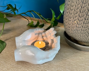 Concrete Catchall Bowl - "Together" Hands Sculpture with 6 Soy Beeswax Blend Tea Lights