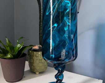 Vintage Empoli Italian Art Glass Vase – Peacock Blue Twisted Stem Goblet, Mid Century, 12.5” Tall