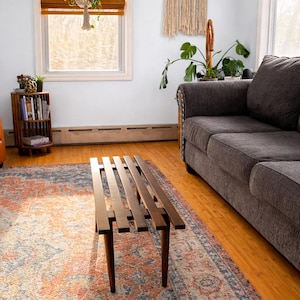 American Mid-Century Modern Slatted Coffee Table, Low Profile, Small Footprint (14” H)