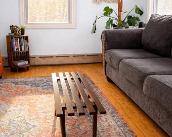 American Mid-Century Modern Slatted Coffee Table, Low Profile, Small Footprint (14” H)