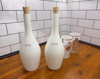Mid Century Modern Opaline Glass Decanter Set: Gin & Rye, Raymor Import