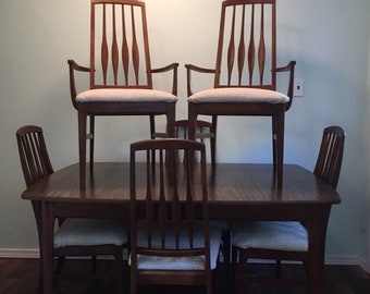 SOLD RESERVED Mid Century Danish Dining Room Set, Keller Danish Upholstered Seats formica tabletop,
