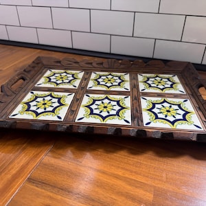 Vintage Tile Wood Serving Tray – Hand Carved Boho Tray with Spanish Style Floral Ceramic Tiles, Rustic Mediterranean Decor