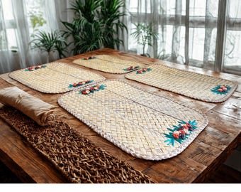 Set of 4 Vintage Floral Woven Straw Placemats