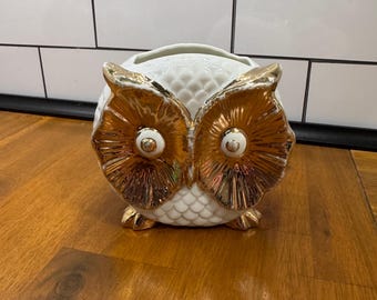 Vintage 18K Gold Decorated Ceramic Owl Vase, makeup brush holder, pen holder