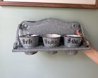 Antique Graniteware Enamel Wall Rack: German Farmhouse Kitchen Decor