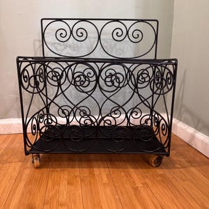 Ornate Scroll Metal Record Holder on Wheels – Handmade Vintage LP Cart w/ High Back – Freshly Painted Vinyl Storage