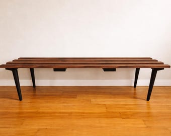 Mid Century Modern Walnut Slat Bench with Ebonized Legs SALE