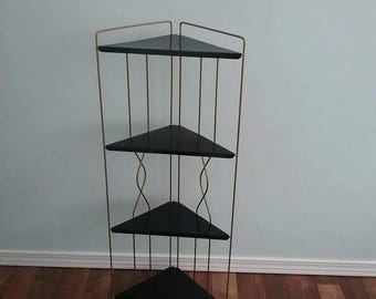 Mid Century Black Metal Shelf Vintage Black & Gold Tall Corner Shelf, Metal Wire, Retro Plant Stand, Corner Curio Display Shelf