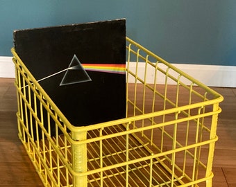 Vintage Crate Industrial Metal Basket Golden Yellow Mid Century Storage Record Holder