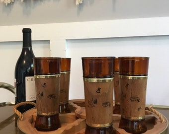 Siesta Ware Bar Glasses Set: Mid-Century Cowboy Tumblers with Walnut Caddy