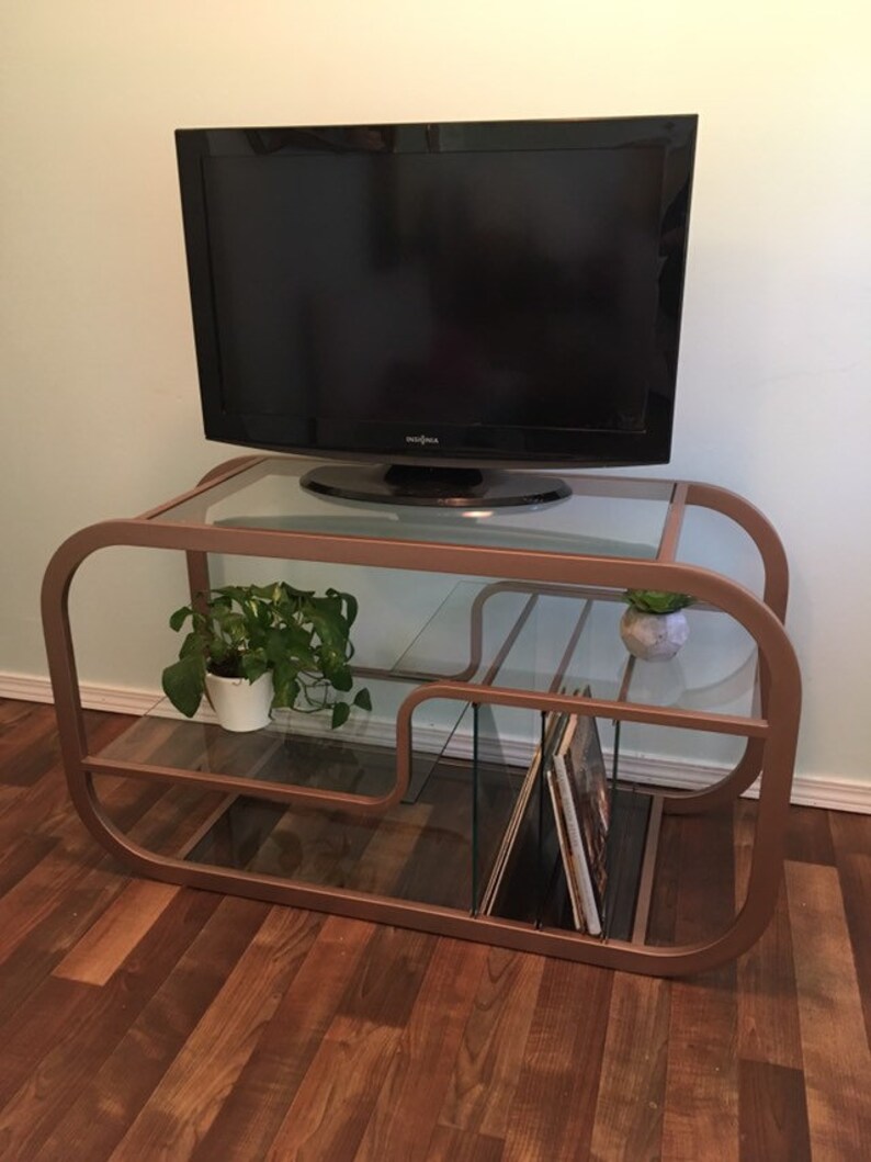 Metal and Glass Rose Gold CUSTOM PAINT Entertainment Stand Console Milo Baughman Media Etagere Rose Gold Metal Unit Media Center