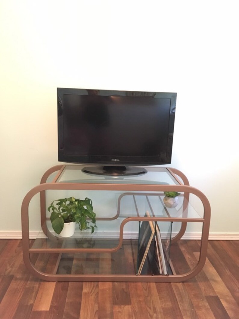 Metal and Glass Rose Gold CUSTOM PAINT Entertainment Stand Console Milo Baughman Media Etagere Rose Gold Metal Unit Media Center