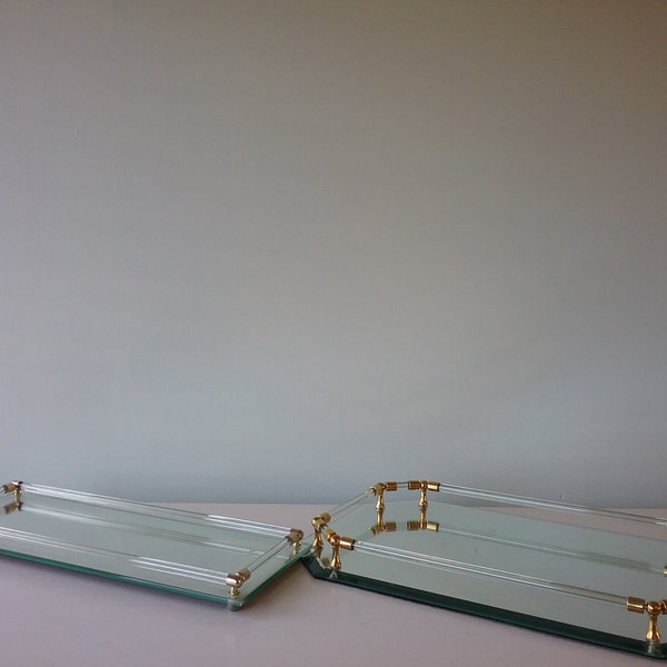 Vintage Glass Mirror Vanity Bar Tray, Cosmetic Tray, Vintage Hollywood Glam, Glass, Mirror Brass, Mid Century Glam Set of two