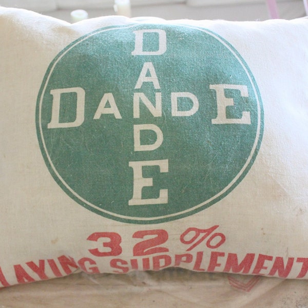 Farmhouse Pillow, Vintage Feed Sack, Dande, Green, Red, Home Decor