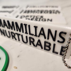 May include: A white rectangular tag with the words "MAMMILIAN NURTURABLE" in black, raised lettering. A silver ball chain is attached to the tag. Other similar tags are in the background.