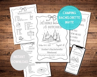 Camping Bachelorette Party Invitation and Itinerary Template, Bachelorette Girls Camp Trip, Digital Editable Bachelorette Plan Card Invite