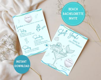 Mermaid Bachelorette Itinerary Template, Beach Bachelorette Party Invitation, Coastal Last Toast Digital Invite, Seashells and Wedding Bells