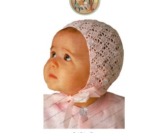 All-Over Lace Bonnet to Knit for Baby Vintage Knitting Pattern - Instant Download PDF - PrettyPatternsPlease