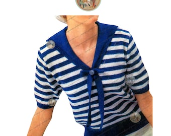 Patrón de tejido vintage para suéter marinero de rayas náuticas para mujer - Descarga instantánea en PDF - PrettyPatternsPlease