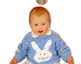 Suéter con cabeza de conejito de 3 meses a 6 años - Patrón de tejido inglés vintage - Descarga instantánea PDF - PrettyPatternsPor favor