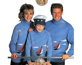 Vintage Sailboat Turtleneck Sweater Jumper English Knitting Pattern - Women Men Children - PDF Instant Download - PrettyPatternsPlease