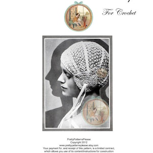 May include: A vintage black and white photograph of a woman wearing a white crocheted boudoir cap. The text "Edwardian Boudoir Cap for Crochet" is at the top of the image. The text "PrettyPatternsPlease Copyright 2012 www.prettypatternsplease.etsy.com" is at the bottom of the image.