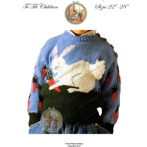 May include: A blue knit sweater with a white rabbit design, red carrots, and green grass. The sweater has a ribbed collar and cuffs, and button details on the shoulder. Text on the image reads "The Rabbit Pull Over Sweater To Fit Children Sizes 22"-28".
