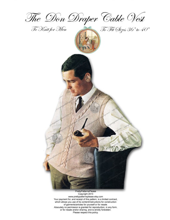 Men's Sweater Vest Sleeveless Pullover Don DraperMadmen Vintage Digital  Knitting Pattern PDF Instant Download- PrettyPatterns Please