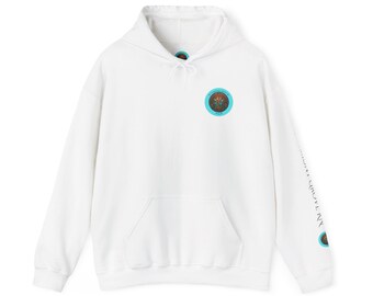 May include: White hoodie with a front pocket and a drawstring hood. A circular teal and brown logo is on the chest, and text is printed on the left sleeve. The hoodie is made of a soft material.