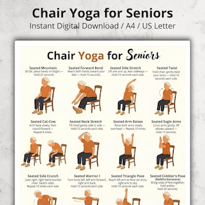 May include: A digital instructional poster titled Chair Yoga for Seniors featuring twelve illustrated poses. Each section displays a person in an orange shirt and dark pants performing seated yoga exercises on a wooden chair with descriptive text instructions.