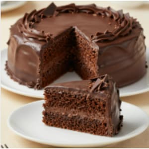 May include: A rich chocolate cake with a slice cut out, revealing layers of chocolate filling. The cake is covered in a smooth, dark chocolate frosting and decorated with chocolate shavings. It sits on a white plate, ready to be enjoyed.