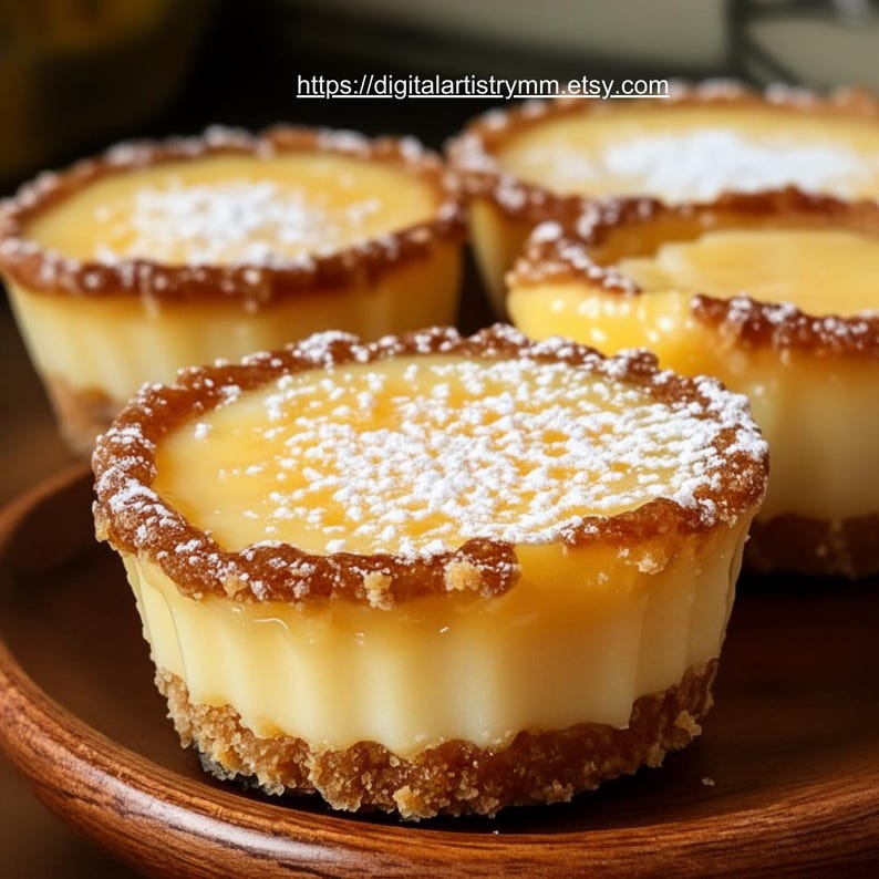 May include: Close-up of four mini lemon tarts on a wooden plate. Each tart has a buttery crust, a creamy yellow filling, and is dusted with powdered sugar. The Etsy shop URL is visible in the image.