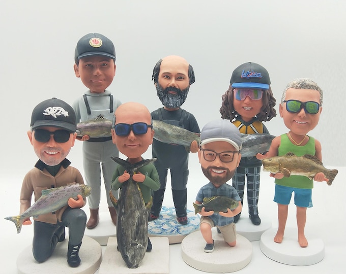 Custom bobbleheads for anglers, personalized fisherman sculptures, exclusive souvenirs for fishing enthusiasts, Christmas gifts