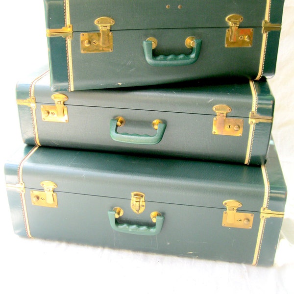 Vintage Luggage //Three// Emerald Green Suitcase Set //Stackable Traveling Bags from Tessiemay