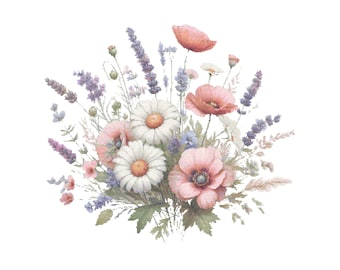 Patrón de punto de cruz de flores silvestres / Descarga instantánea en PDF / Diseño de flores naturales con bordado a mano en acuarela