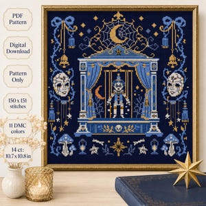 May include: Cross-stitch pattern featuring a theater stage design with a figure, moon, and spiderweb in shades of blue and gold. The framed artwork measures 10.7 x 10.8 inches and includes the text "PDF Pattern", "Digital Download", and "Pattern Only".