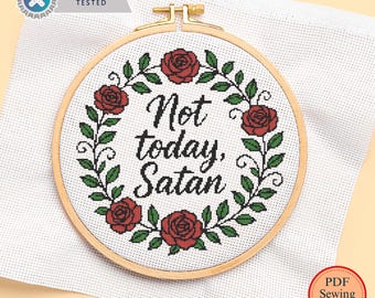 Schema punto croce &quot;Non oggi, Satana&quot; sarcastico: ghirlanda floreale (schema PDF)