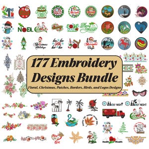 177 Embroidery Designs Bundle | Machine Embroidery Files PES | Floral & Christmas Embroidery, Animals, Alphabet, Wild Flowers Mega Pack
