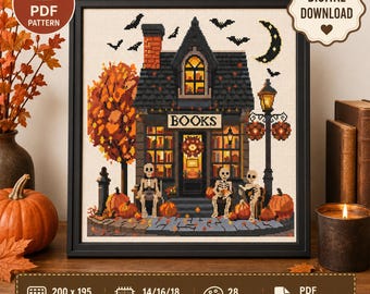 Halloween-Kreuzstichmuster: Gruselige, gotische Buchhandlung (PDF-Download)