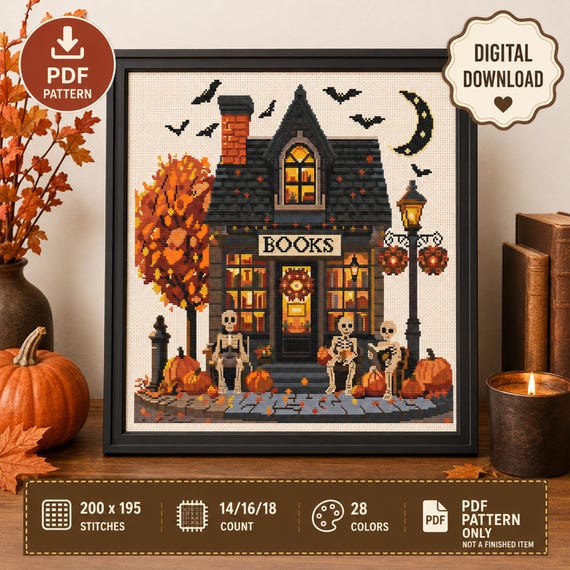 Halloween Haunted Bookstore Cross Stitch Pattern: Spooky Gothic Design (PDF Download)