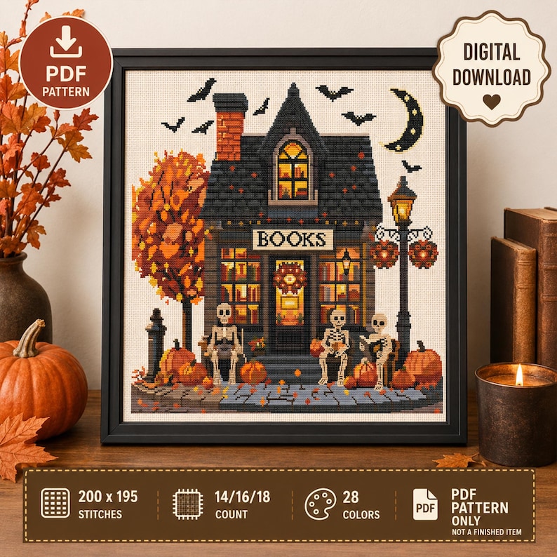 Halloween Haunted Bookstore Cross Stitch Pattern: Spooky Gothic Design (PDF Download) image 1